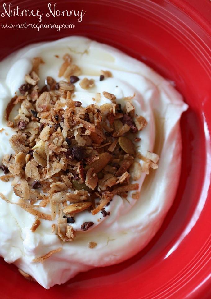 This coconut oil and cocoa nib granola is a breeze to make and tastes great overtop yogurt or eaten straight from the jar. Plus it's perfect mix of salty and sweet. You'll be eating this all year long!