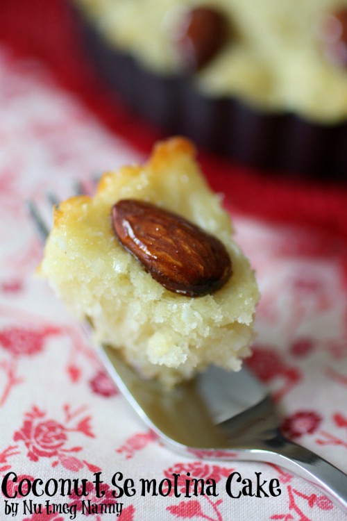Coconut Semolina Cake by Nutmeg Nanny This coconut semolina cake is made with semolina flour, coconut, almonds and a delicious rose water scented syrup. Easy to make and beautiful to look at.