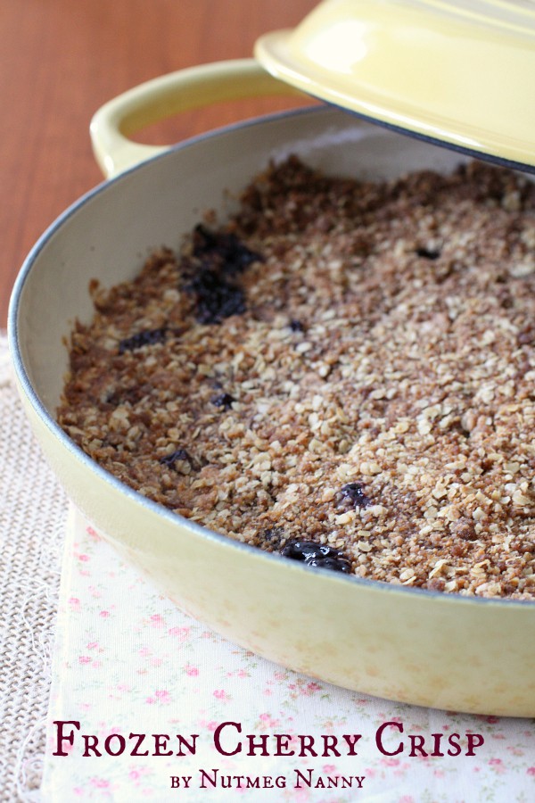 Frozen Cherry Crisp by Nutmeg Nanny This frozen cherry crisp is made from frozen cherries, sweet spices and topped with lots of crumbly topping. This simple dessert is a must make!