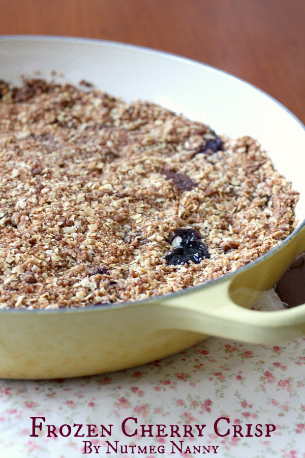 Frozen Cherry Crisp by Nutmeg Nanny This frozen cherry crisp is made from frozen cherries, sweet spices and topped with lots of crumbly topping. This simple dessert is a must make!