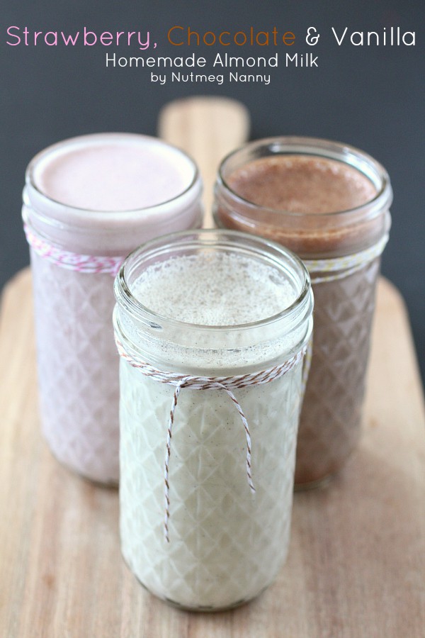 This homemade almond milk recipe includes variations for vanilla bean, chocolate and strawberry. Fresh, delicious and ready in no time! Plus it's a great use for your high powered blender! 