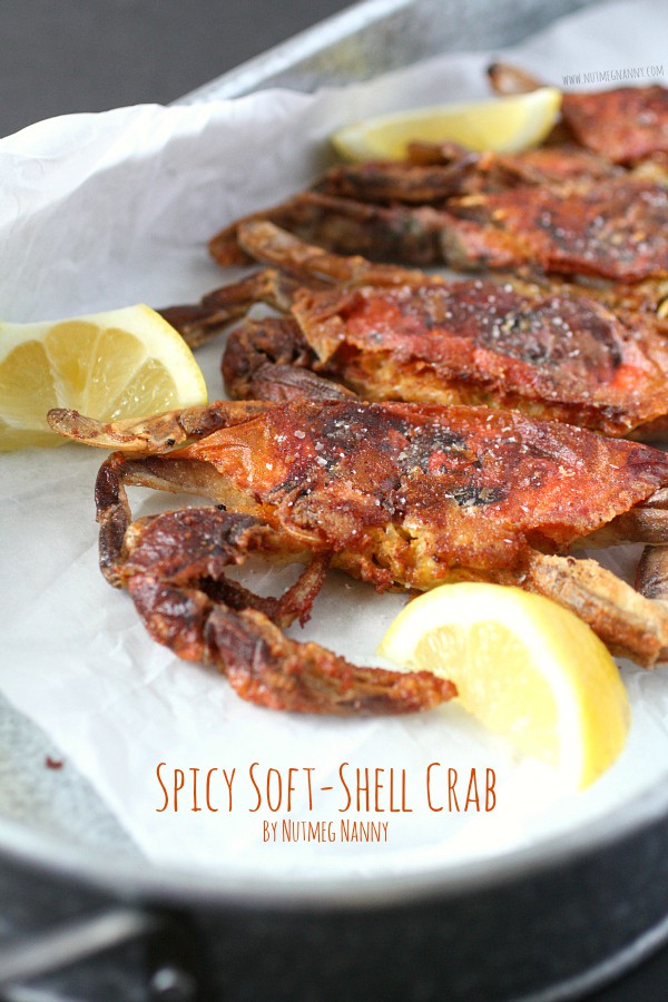 Crispy soft shell crab served with lemon. 