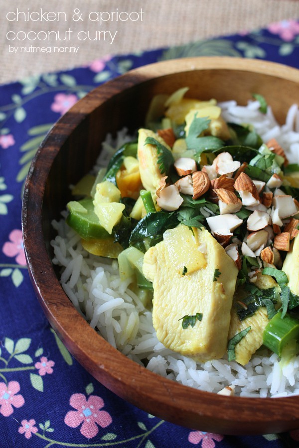 This chicken apricot coconut curry is packed full of flavor. The sauce is lightly flavored with curry powder, coconut milk and topped with toasted almonds.