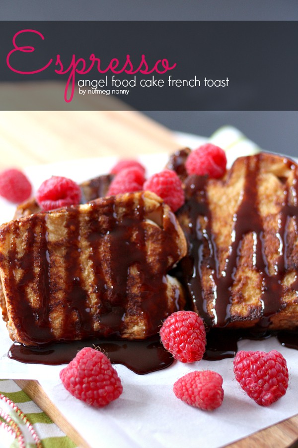 Espresso Angel Food Cake French Toast by Nutmeg Nanny This espresso angel food cake french toast is the perfect breakfast pick me up. Sweet cake dipped in espresso milk and drizzled with chocolate sauce. So delicious and so easy to make!