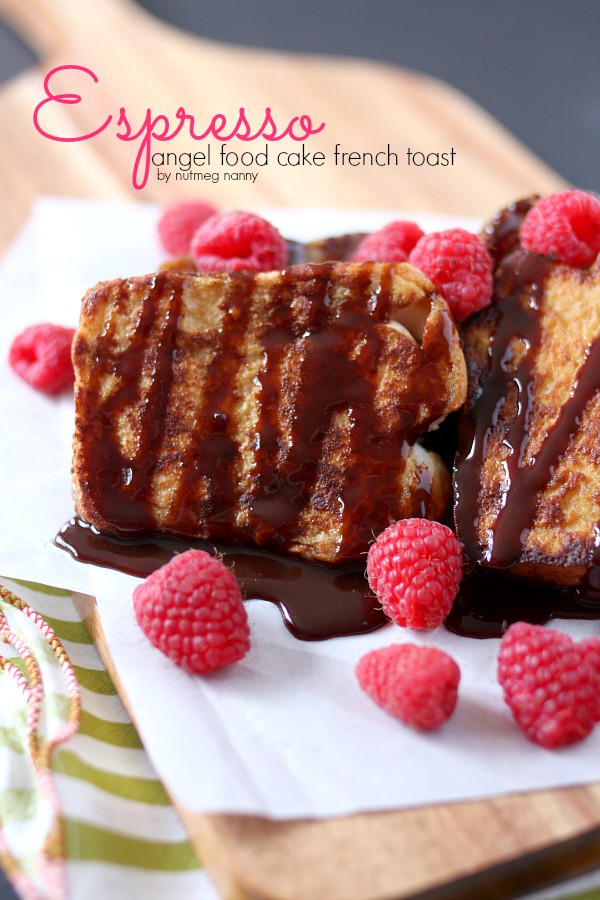 Espresso Angel Food Cake French Toast by Nutmeg Nanny This espresso angel food cake french toast is the perfect breakfast pick me up. Sweet cake dipped in espresso milk and drizzled with chocolate sauce. So delicious and so easy to make!