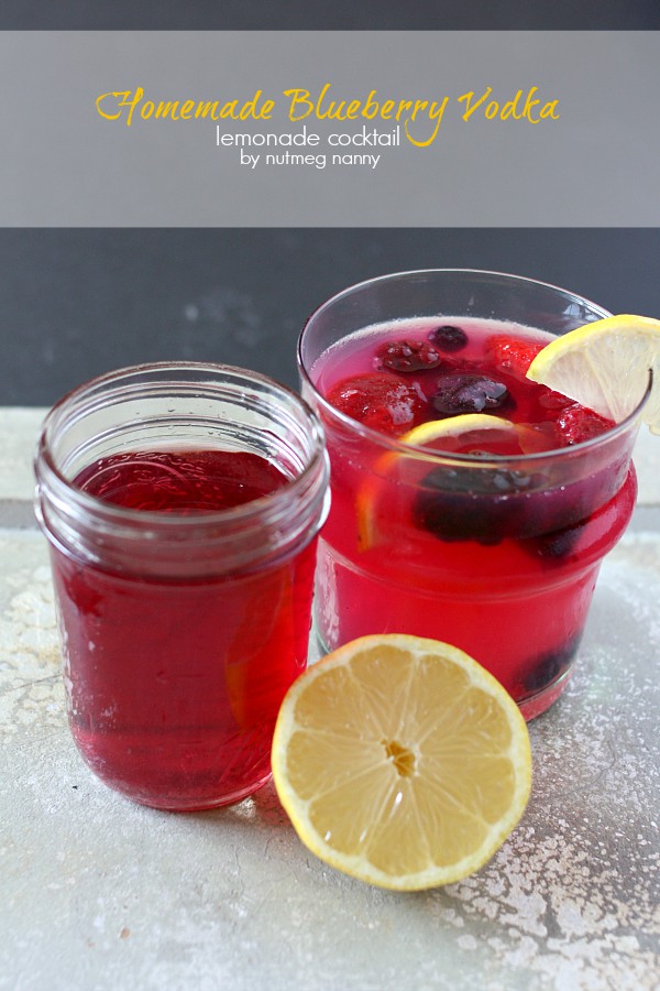 Homemade Blueberry Vodka and Lemonade Cocktail by Nutmeg Nanny This homemade blueberry vodka stars perfectly in this refreshing lemonade cocktail. So easy to make and perfect for summertime sipping! You'll love this!