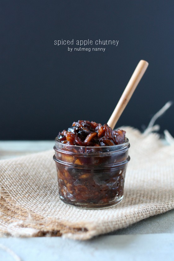 Spiced Apple Chutney by Nutmeg Nanny Spiced Apple Chutney in a small glass mason jar.
