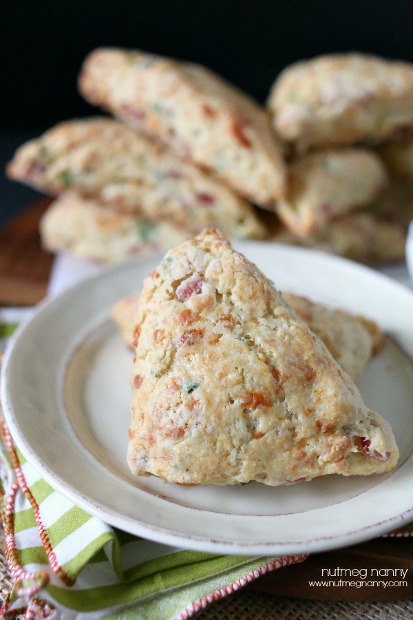 Ham and Cheese Scones by Nutmeg Nanny Ham and Cheese Scones on a small white plate.