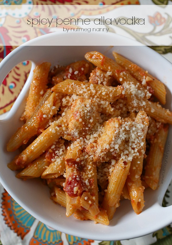 Spicy Penne Alla Vodka by Nutmeg Nanny This spicy penne alla vodka is full of San Marzano tomatoes, prosciutto, shallots, garlic, vodka and penne pasta. This is the perfect wintertime dish.