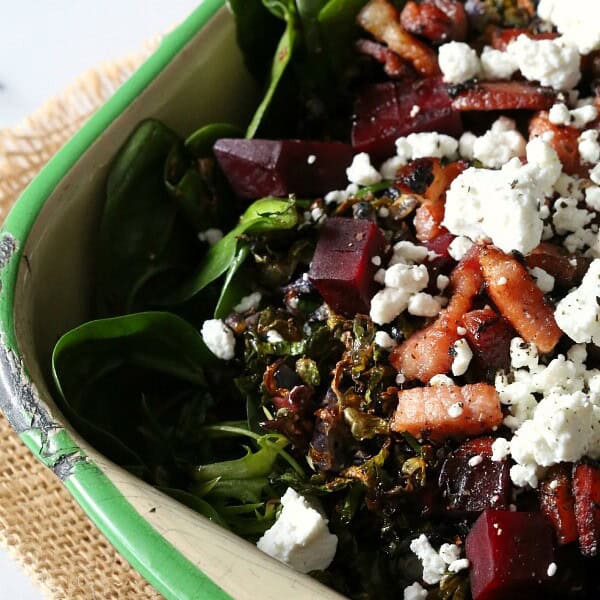 Crispy Roasted Brussels Sprout Beet and Bacon Salad by Nutmeg Nanny