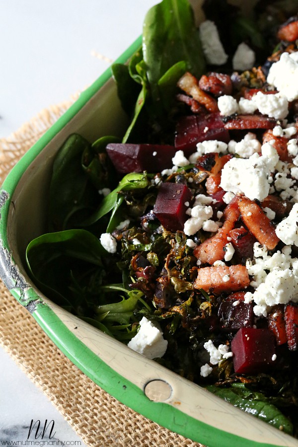 Crispy Roasted Brussels Sprout Beet and Bacon Salad by Nutmeg Nanny
