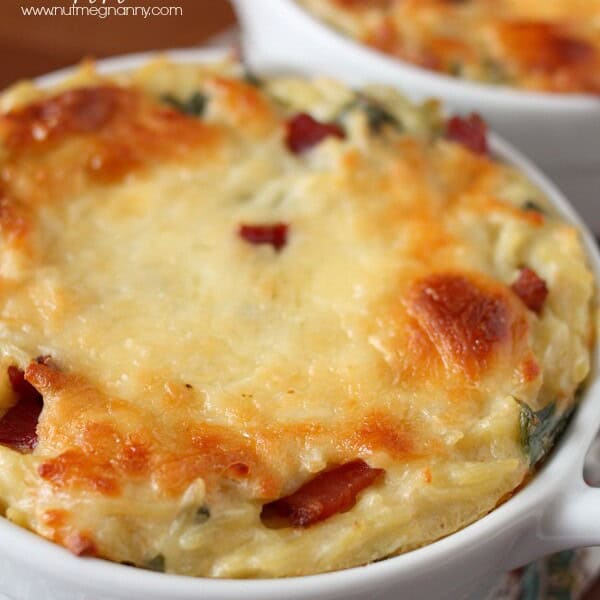 Orzo, Bacon and Greens with Cauliflower Cheese Sauce by Nutmeg Nanny