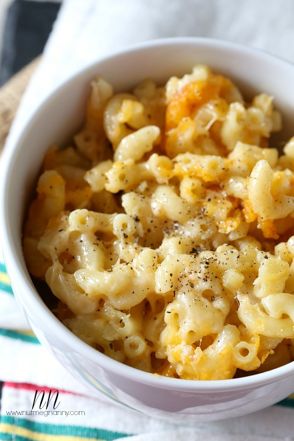 Five-Cheese Mac and Cheese by Nutmeg Nanny Five Cheese Mac and Cheese scooped in a bowl.