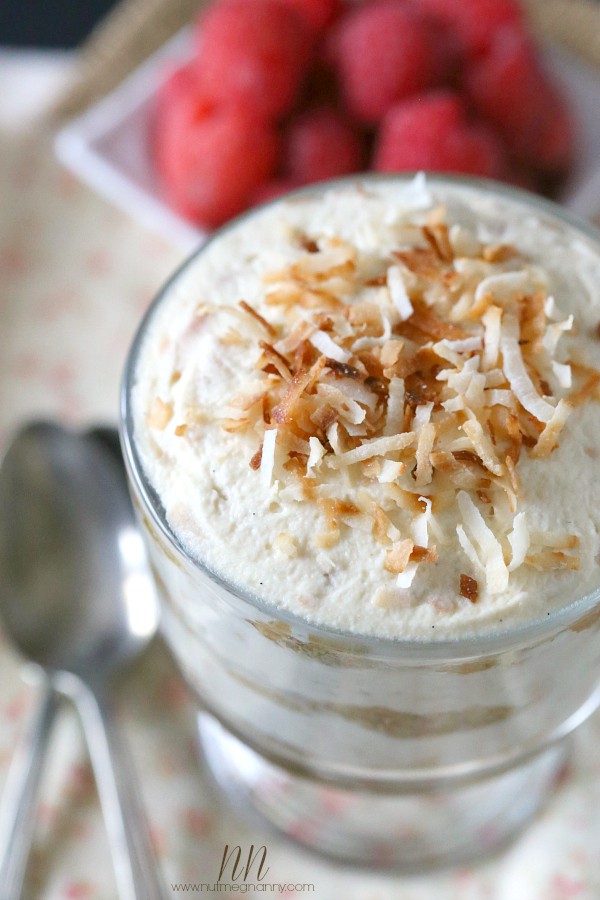 Toasted Coconut Tiramisu in an individual glass dish. 