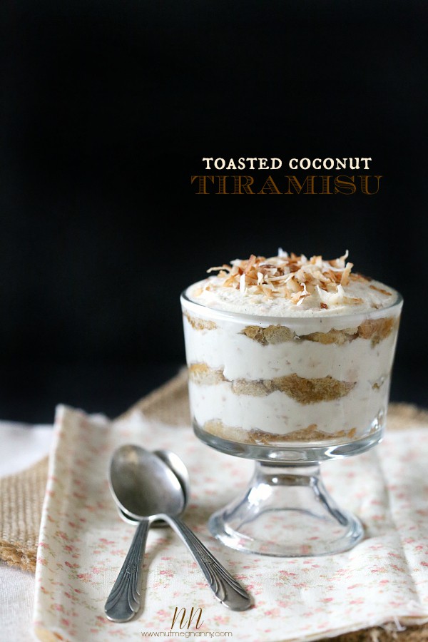 Toasted Coconut Tiramisu in a small glass dish. 