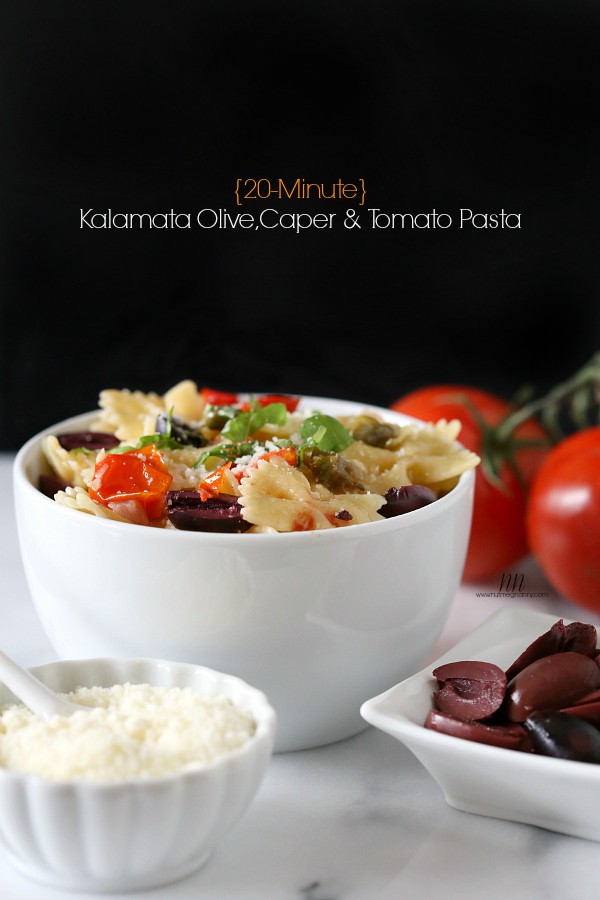 {20 Minute} Kalamata Olive, Tomato and Caper Pasta by Nutmeg Nanny Kalamata Olive, Tomato and Caper Pasta in a bowl.