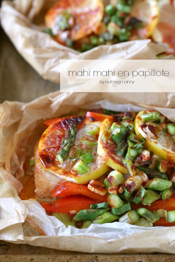 Mahi Mahi En Papillote on a sheet pan. 