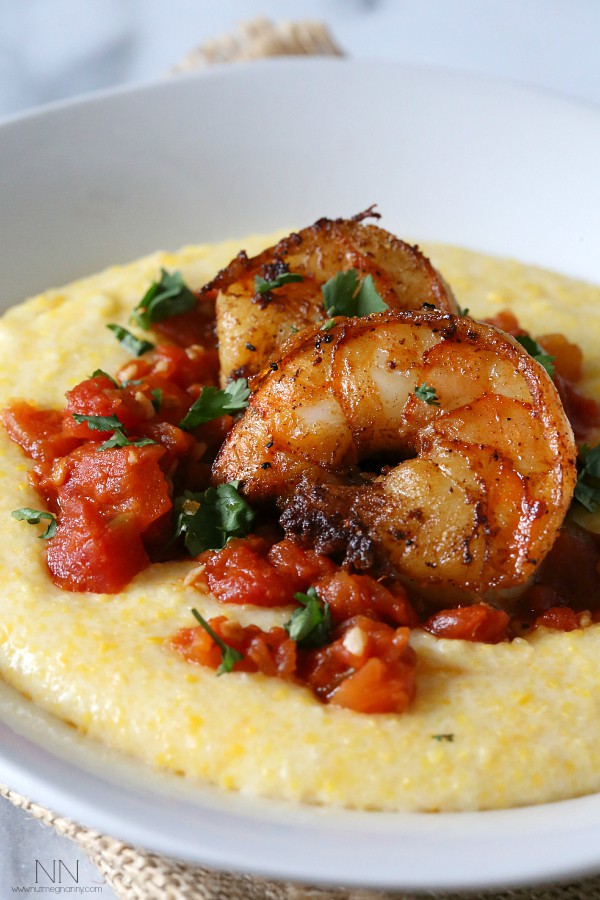 Spicy Shrimp Over Creamy Polenta in a bowl.