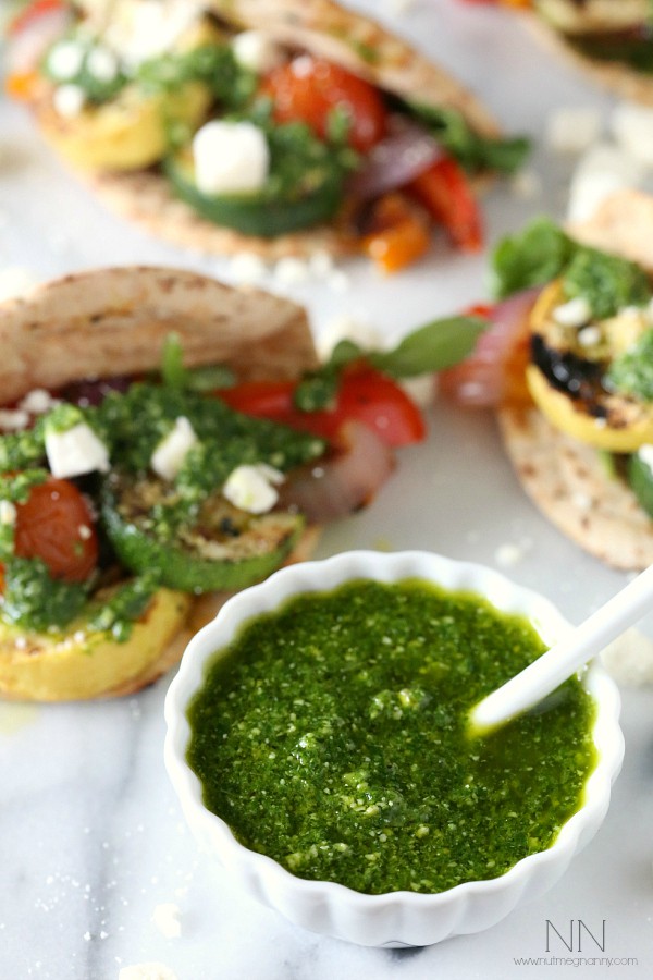 Grilled Vegetable Gyros with Arugula Mint Pesto via Nutmeg Nanny
