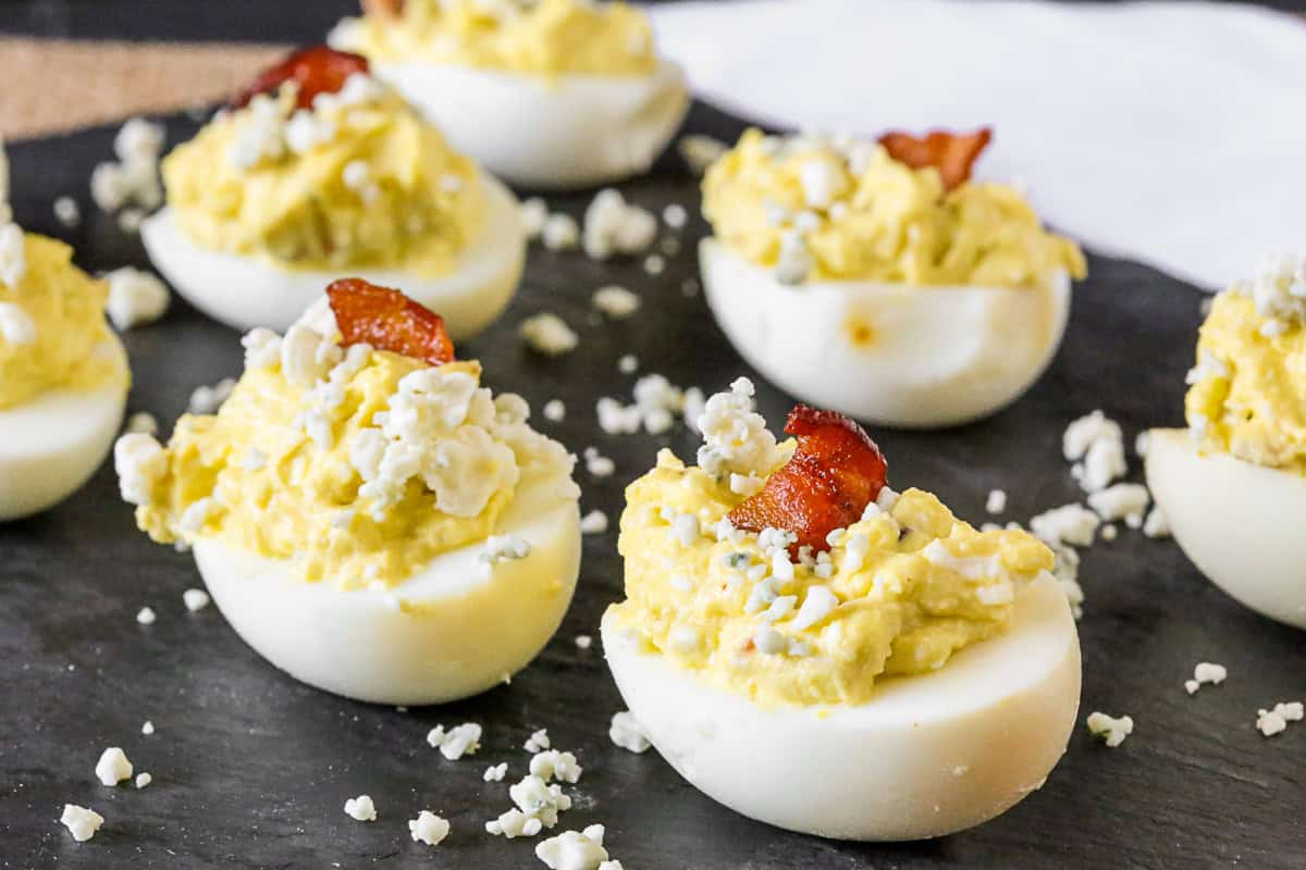 Blue Cheese Deviled Eggs on a platter. 