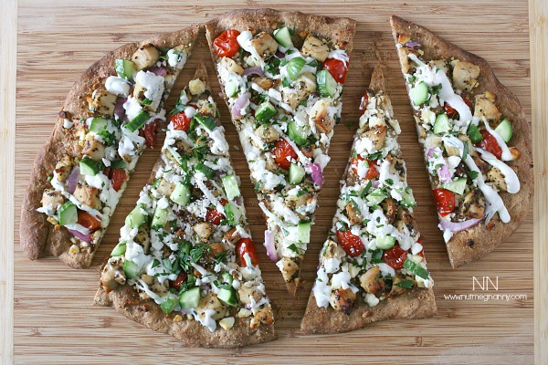 Chicken Souvlaki Pizza sliced. 