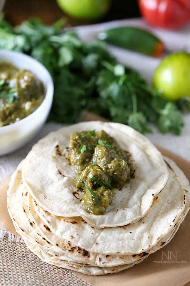 Pork Chile Verde on a corn tortilla. 
