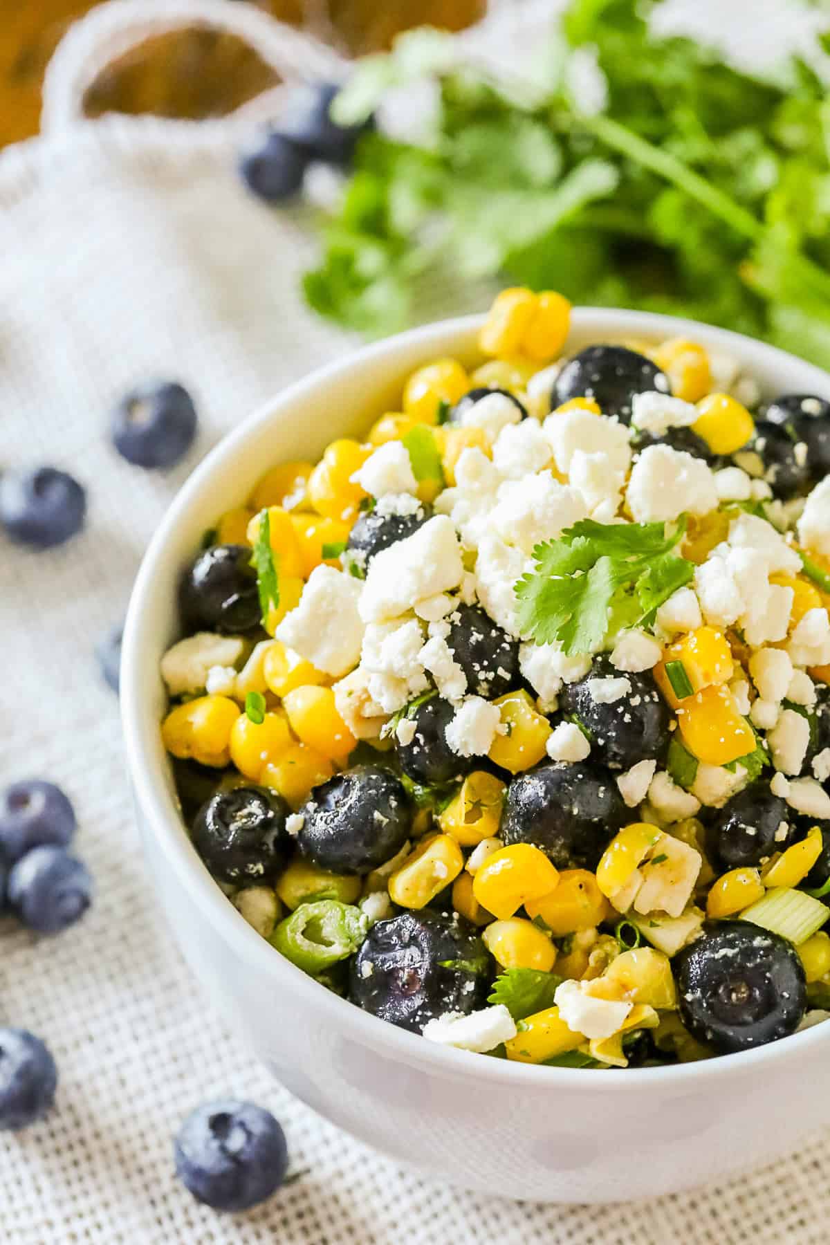 blueberry corn salad in a bowl. 