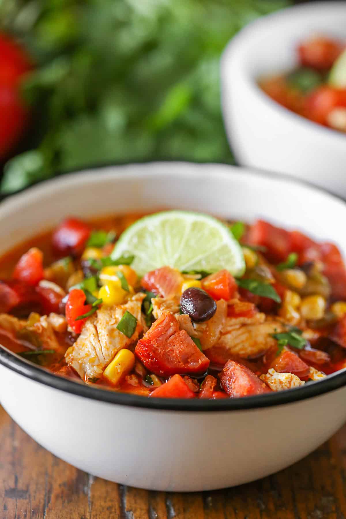 Spicy Chicken Lime Soup topped with lime and cilantro. 