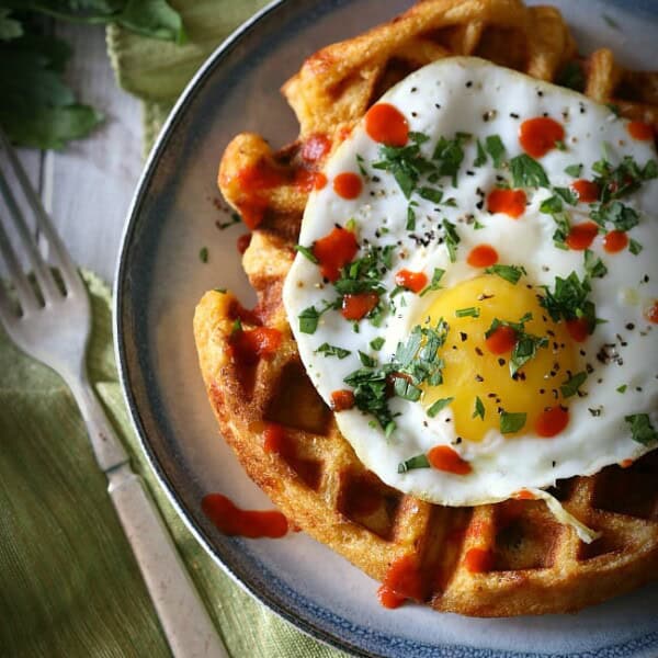 Cheddar Sausage Cornmeal Waffles by Nutmeg Nanny