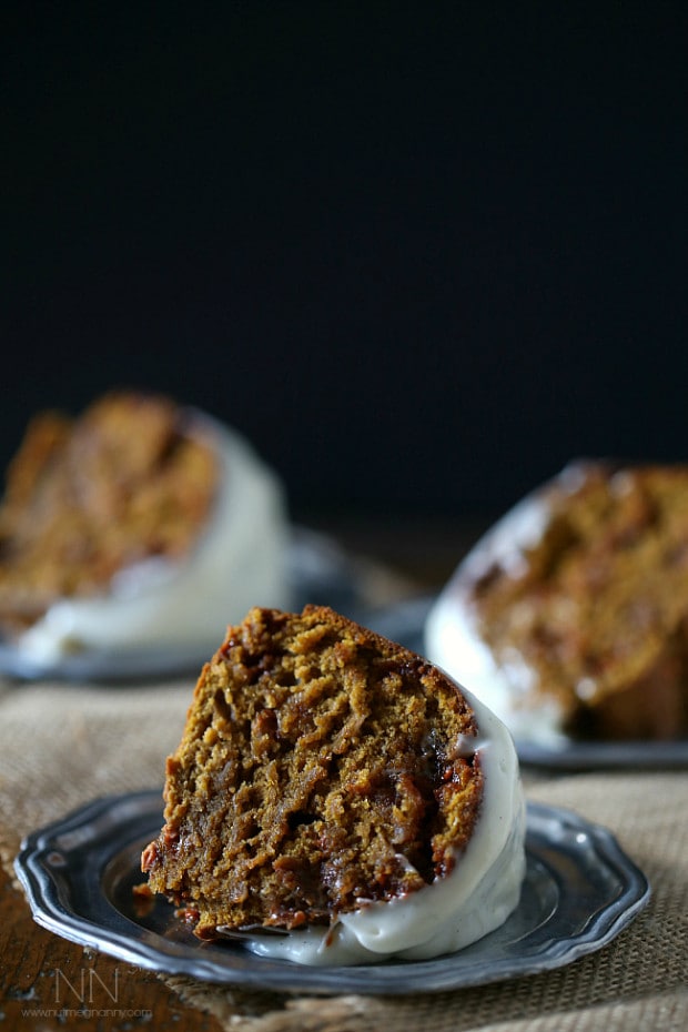 Butterscotch Pumpkin Bundt Cake slice served on a small plate. 