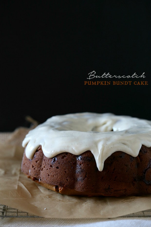 Butterscotch Pumpkin Bundt Cake served with a cream cheese icing. 