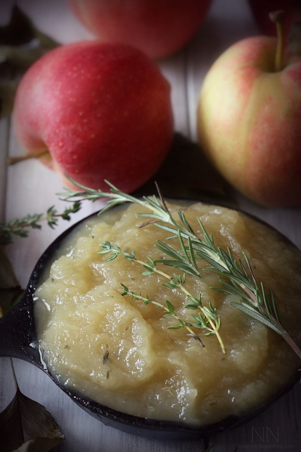 This sweet herbed applesauce is packed full of fresh fall apples, thyme and rosemary. It pairs perfectly with savory dishes and is great for Thanksgiving. This sweet herbed applesauce is packed full of fresh fall apples, thyme and rosemary. It pairs perfectly with savory dishes and is great for Thanksgiving.