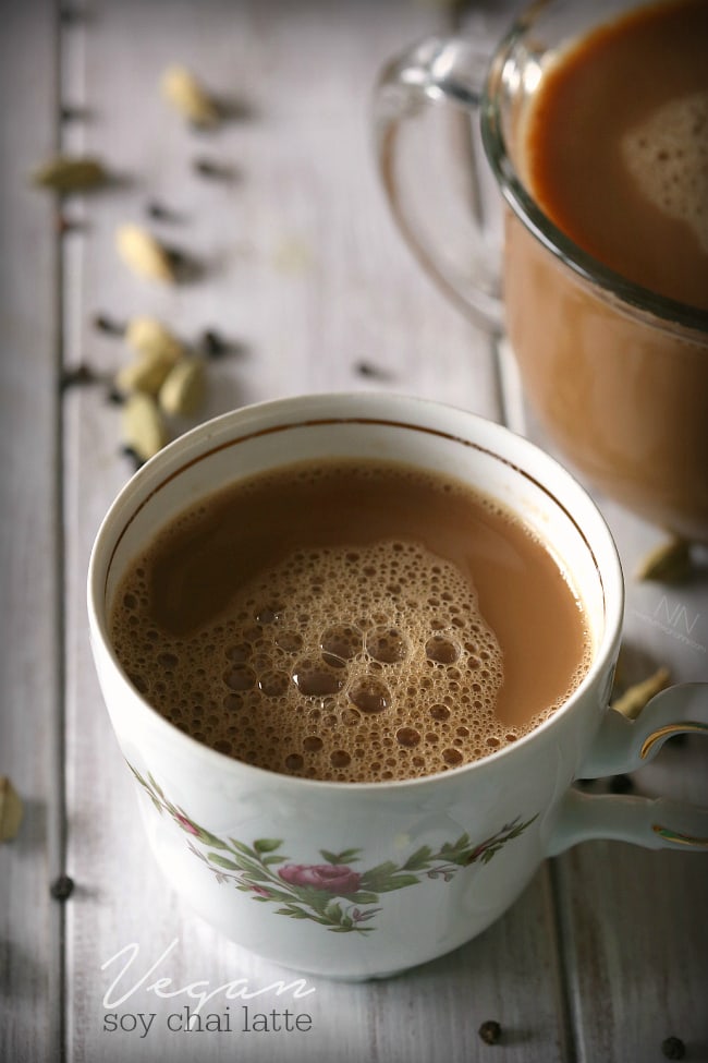 This dairy free, vegan soy chai tea latte is packed full of ginger, cardamom and black tea flavor. Why spend money at the store when you can make it at home?