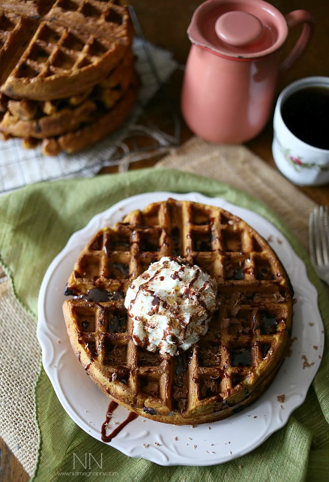 Pumpkin Waffles served with a chocolate drizzle. 