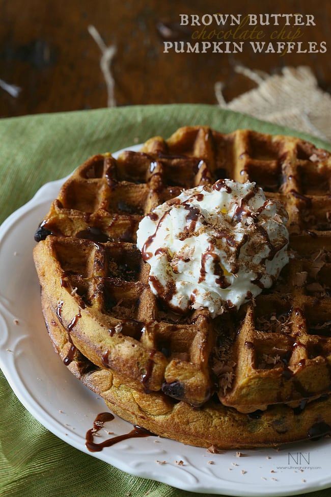 Pumpkin Waffles on a plate with whipped cream on top. 
