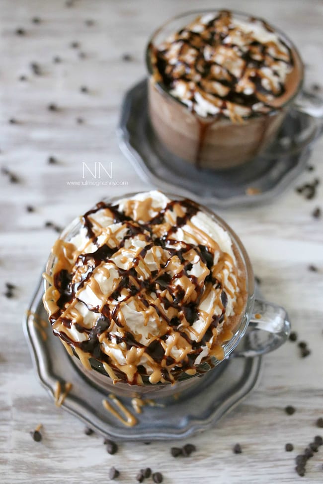This rich and creamy peanut butter hot chocolate is perfect for keeping you warm all winter long. Plus it's super simply because it's made in your blender! That's right. I made this delicious treat right in my Vitamix! Peanut Butter Hot Chocolate with whipped cream.