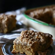 pumpkin spice latte coffee cake sliced on a plate