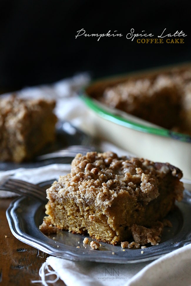 Pumpkin Spice Latte Coffee Cake sliced on a plate. 