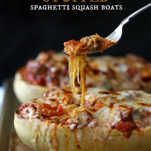This sausage and peppers stuffed spaghetti squash is the perfect way to use up all that winter squash. Deliciously filling and and super simple to make.