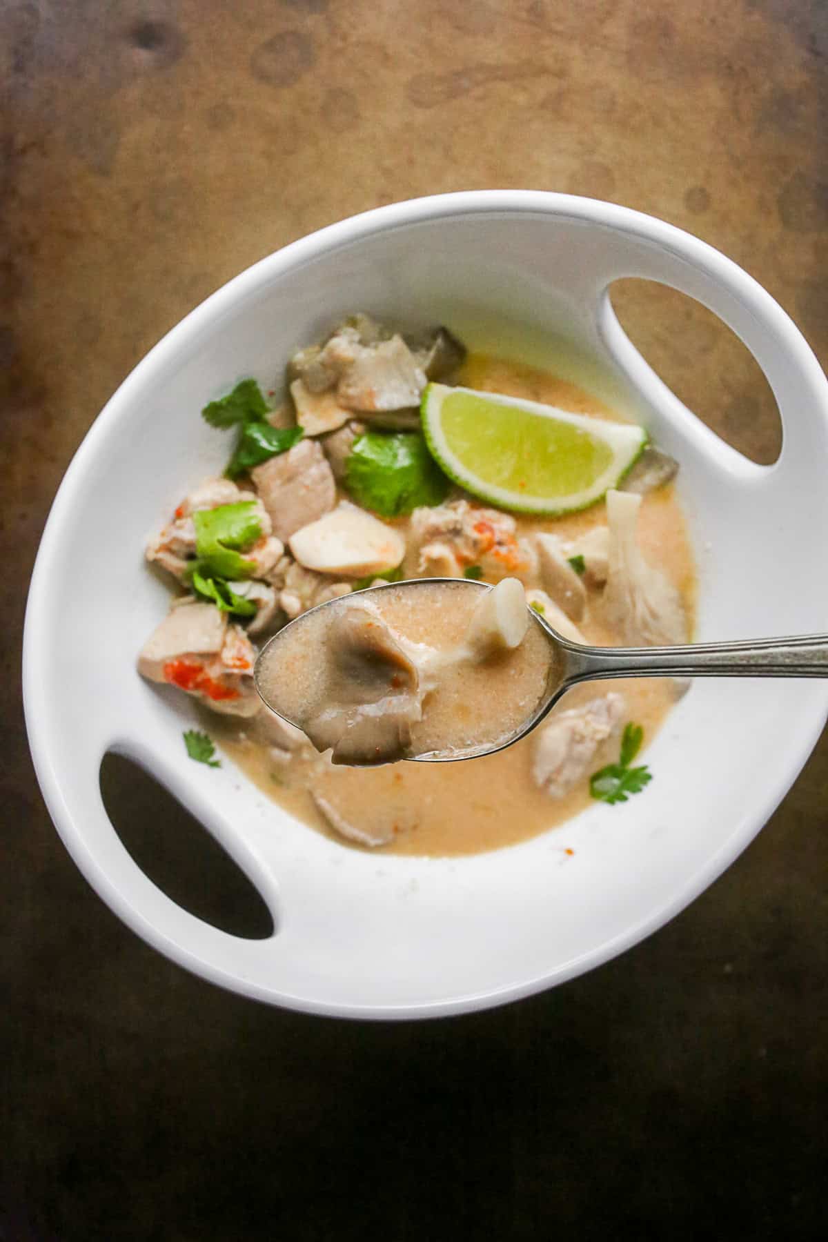 Tom Kha Gai on a spoon. 