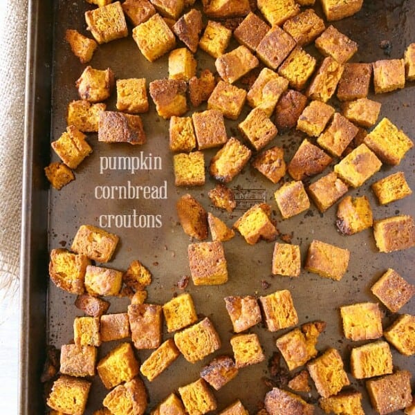 These simple pumpkin cornbread croutons are made from homemade pumpkin sage cornbread and are ready in just minutes! Perfect on soup, salad or in stuffing.