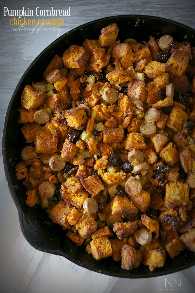 Pumpkin Cornbread Stuffing in a cast iron skillet. 