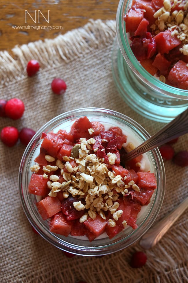 These cranberry apple yogurt parfaits are the perfect addition to your holiday breakfast menu. Easy to make and full of fresh fruit, crunchy granola and tangy Greek yogurt. 