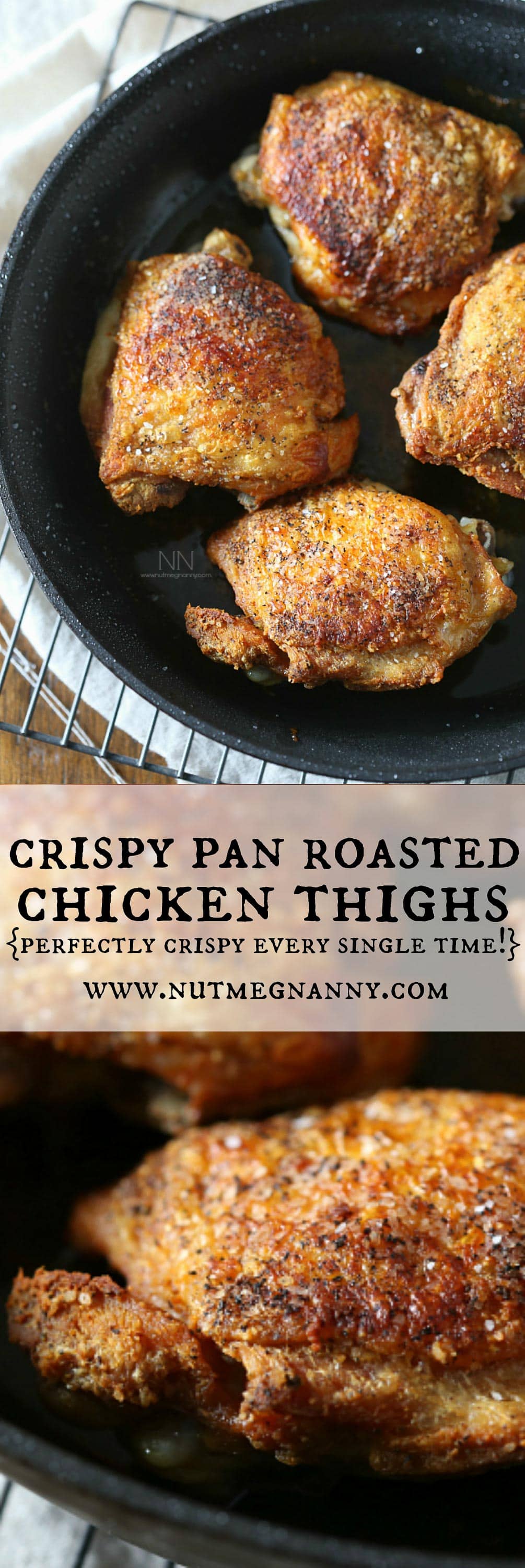 Crispy Pan Roasted Chicken Thighs pin for Pinterest.