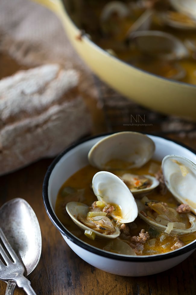 These drunken clams and sausage are paired with white wine, chicken stock, fennel and just a touch of cream. Perfect when served with crusty bread. These drunken clams and sausage are paired with white wine, chicken stock, fennel and just a touch of cream. Perfect when served with crusty bread.