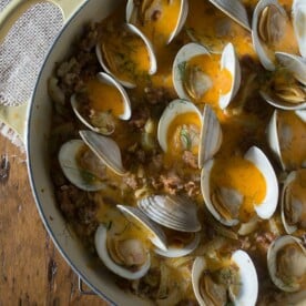 These drunken clams and sausage are paired with white wine, chicken stock, fennel and just a touch of cream. Perfect when served with crusty bread.