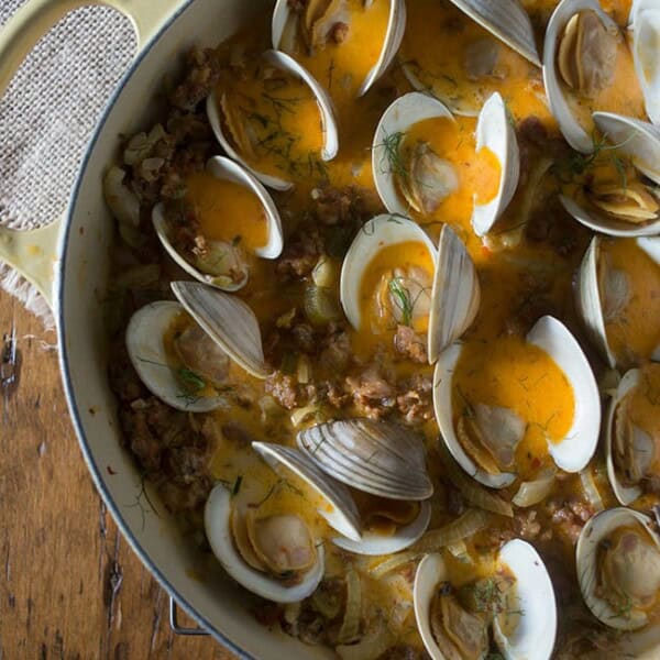 These drunken clams and sausage are paired with white wine, chicken stock, fennel and just a touch of cream. Perfect when served with crusty bread.