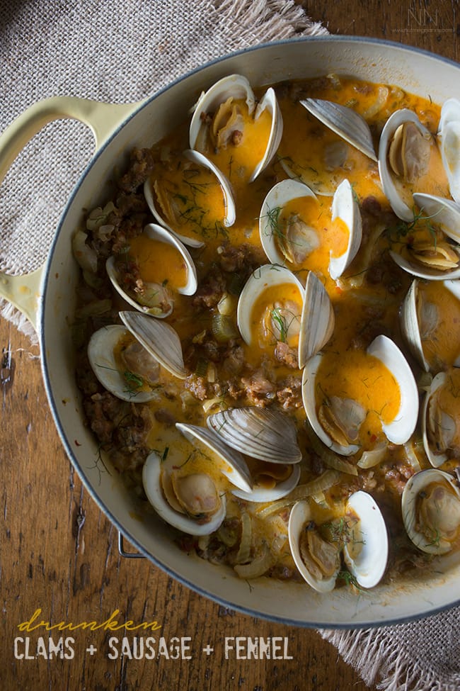 These drunken clams and sausage are paired with white wine, chicken stock, fennel and just a touch of cream. Perfect when served with crusty bread. These drunken clams and sausage are paired with white wine, chicken stock, fennel and just a touch of cream. Perfect when served with crusty bread.