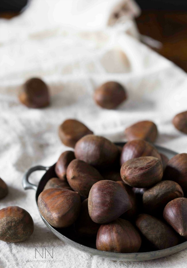 Fresh chestnuts in a bowl. 