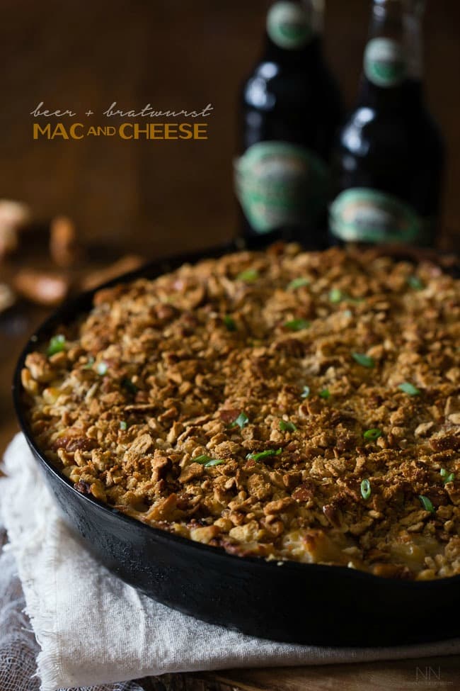 This super flavorful beer bratwurst macaroni and cheese is packed full of stringy cheese, beer, bratwurst and sprinkled with a crunchy pretzel topping. This super flavorful beer bratwurst macaroni and cheese is packed full of stringy cheese, beer, bratwurst and sprinkled with a crunchy pretzel topping.